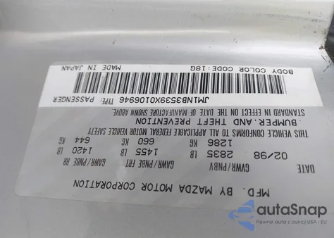 1999 Mazda Mx-5 Miata Leather Pkg/Popular Equipment Pkg/Sports Pkg/Touring Pkg из США, поврежденный, VIN JM1NB3539X0106946